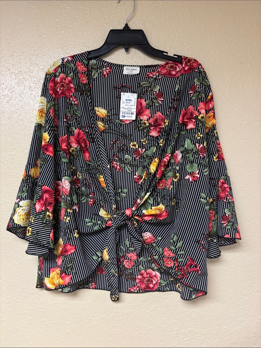 Free Kisses Black Striped Floral Tie-Front Blouse